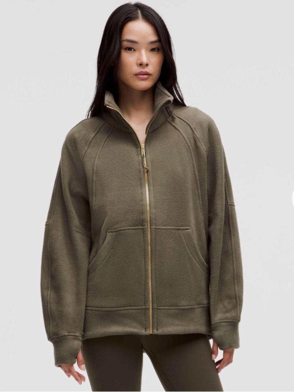 Lululemon Scuba Tumbled Fleece Funnel Neck Full Zip – Army Green/Gold M/L